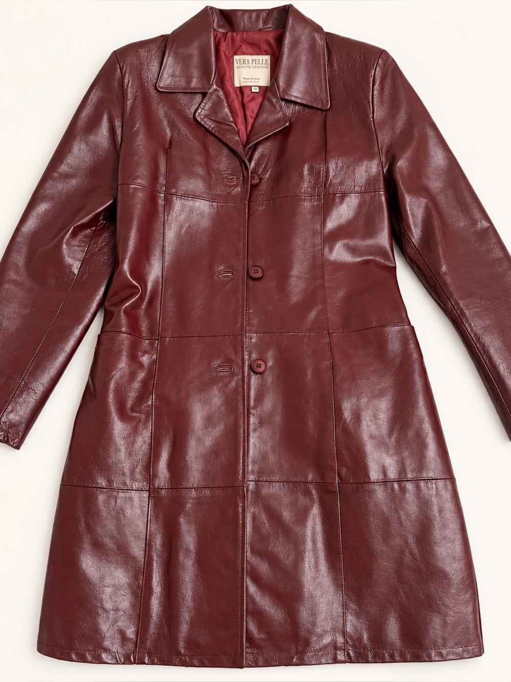 Vintage Italian Oxblood Genuine Leather Long Coat - size small